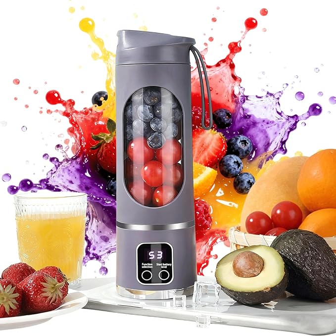 Digital Display Juicer Blender 450ML Portable Electric Personal Blender with Smart LED Screen Multi-Mode Mini Juicer Cup for Shakes Smoothies and Fruit Juicing (Purple)
