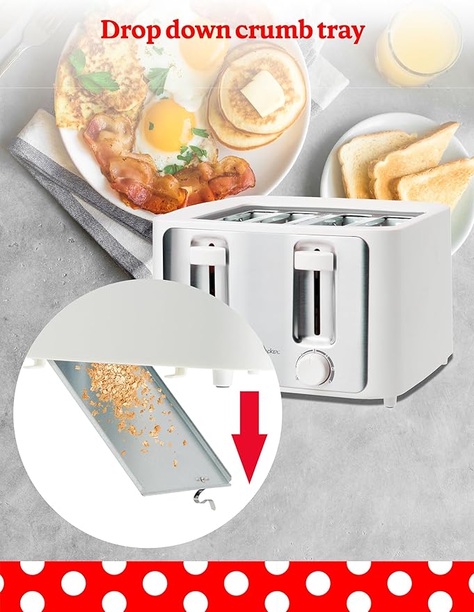 Betty Crocker 4-Slice Toaster 1500W Variable Toast Shade Control Dials High Lift Feature Cool Touch Housing Bread Centering Guides Drop Down Crumb Tray BC-5635W White