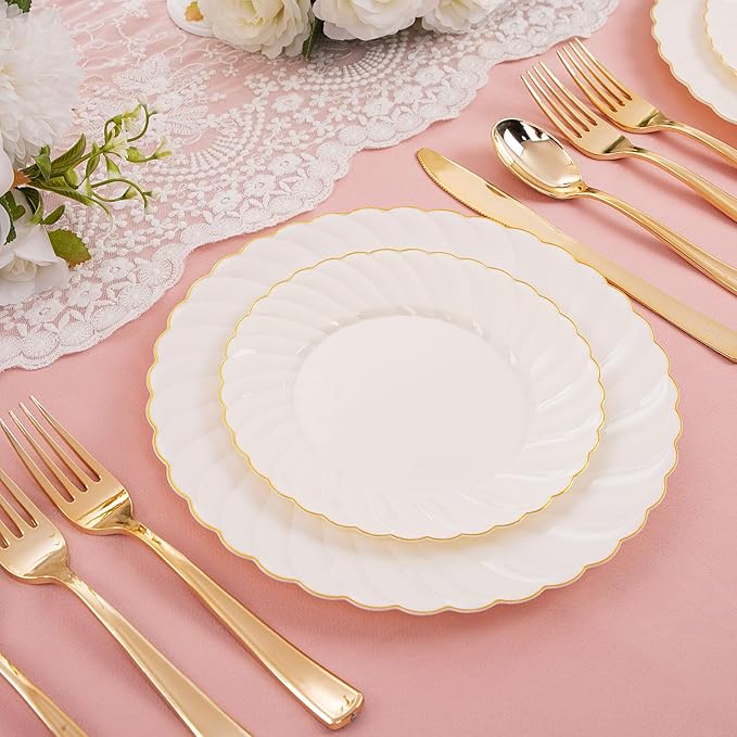 U-QE 100 Piece Ivory Scalloped Plastic Plates for Party with Gold Rim - Plastic Party Plates Disposable Heavy Duty - High End Disposable Plates Include 50pcs Dinner Plates 9&amp50pcs Dessert Plates