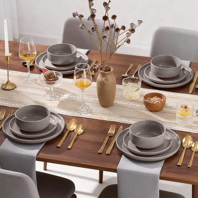 E-far 24-Piece Ceramic Dinnerware Sets Plates and Bowls Sets for 8 Stoneware Dishware Dishes Set with Terracotta Base Chip &amp Scratch Resistant Microwave &amp Dishwasher Safe Speckled Khaki