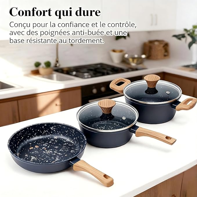 3-Piece Nonstick Cookware Set 8.5 Inch Frying Pan &amp 2 Pots with Lids | PFAS &amp PFOA Free Non-Toxic Coating | Induction Compatible Dishwasher Safe | Pots and Pans Set for Beginner Kitchen