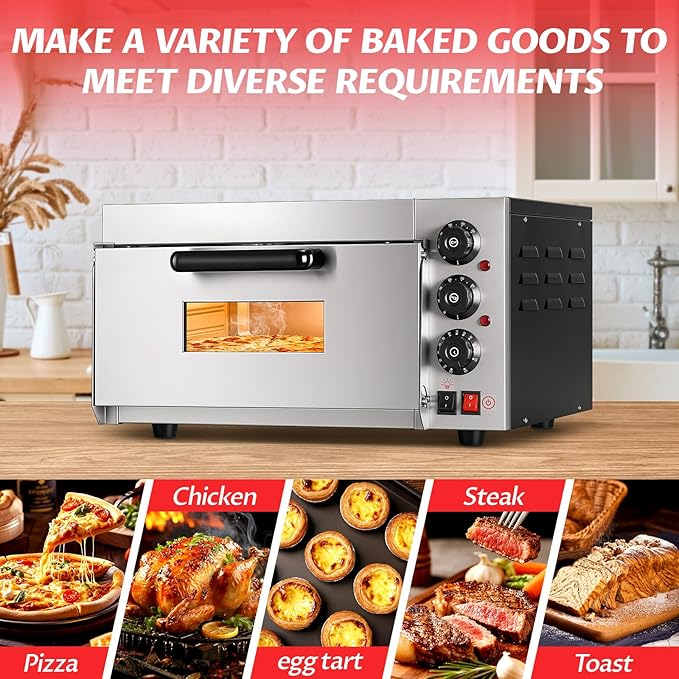 Commercial Pizza Oven 16 Inch Countertop Electric Pizza Oven with Pizza Stone Max Temperature Up to 662°F Stainless Steel Fast Baking Pizza Maker 1400W Energy Efficient Easy to Clean