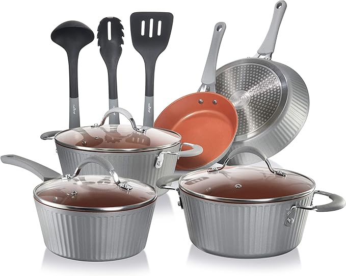 NutriChef Nonstick Cookware Excilon |Home Kitchen Ware Pots &amp Pan Set with Saucepan Frying Pans Cooking Pots Lids Utensil PTFE/PFOA/PFOS free 11 Pcs Gray