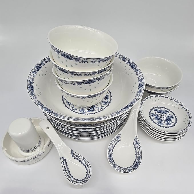 28-piece Bone China Blue and White Dinnerware Set Service for 6 Rice Bowl Set Jingdezhen (blue lotus)