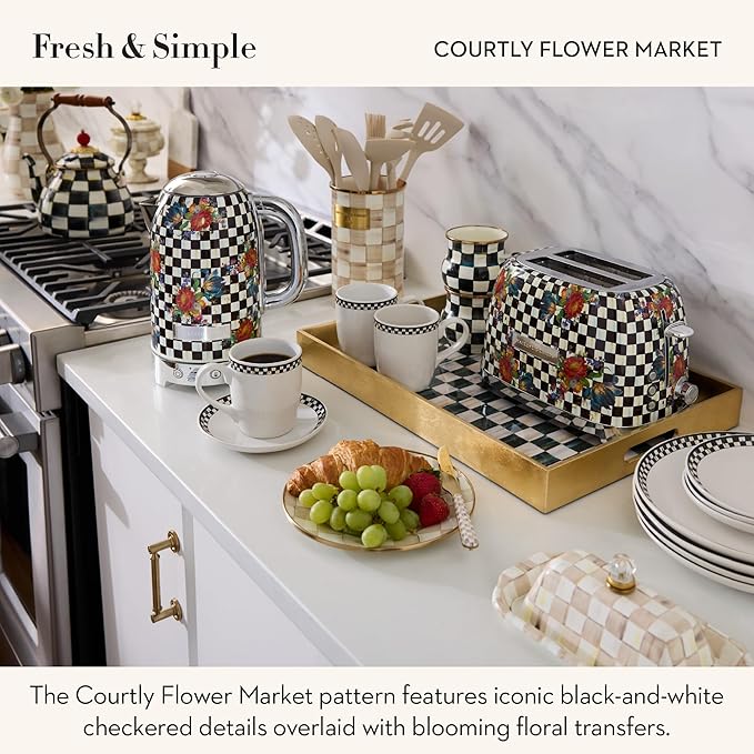 MACKENZIE-CHILDS 2-Slice Toaster Decorative Toaster for Kitchen Black-and-White Courtly Flower Market