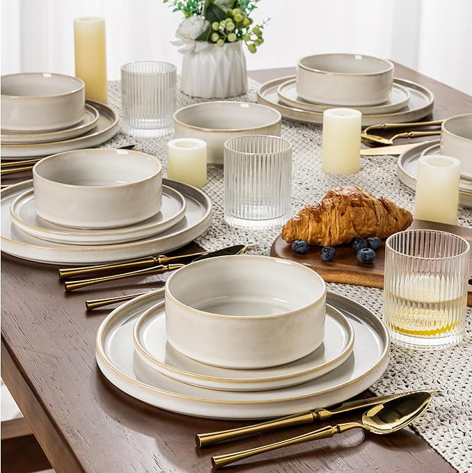 AmorArc Ceramic Dinnerware Sets Handmade Reactive Glaze Stoneware Plates and Bowls SetsHighly Chip and Crack Resistant | Dishwasher &amp Microwave Safe Dishes Set Service for 8 (24pc)