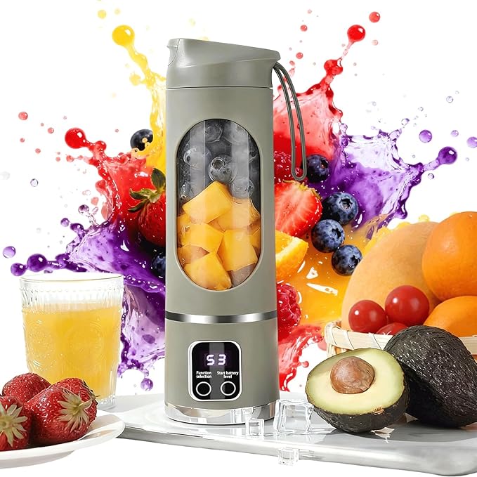 Portable Blender for Shakes &amp Smoothies Digital Display Juicer with 12 Stainless Steel Blades USB Rechargeable Mini Blender 3-Speed Ice Crusher Smoothie Maker for Home &amp Travel (15.2oz) (Gr