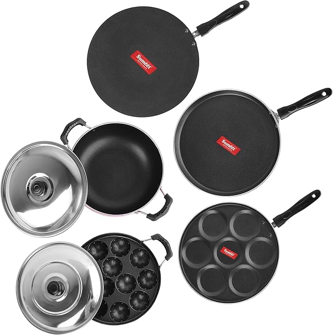 Sumeet Non-Stick Aluminum Cookware Set (Dosa Tawa - 26.5 cm Multi Snack Maker - 26.5 cm D Kadhai with Lid 1.5 L Grill Appam Patra with Lid - 23 cm Concave Tawa -28 cm 2.6 mm Thick Ruby Red)