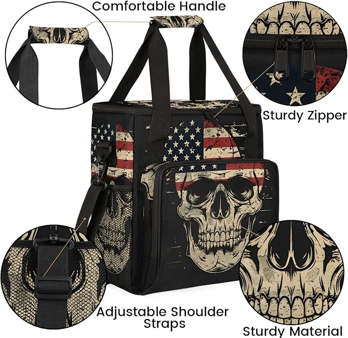 American Flag Skull Travel Coffee Maker Carrying Bag Large Organizer Storage Tote Bag Insulated Reusable Cooler Grocery Bags