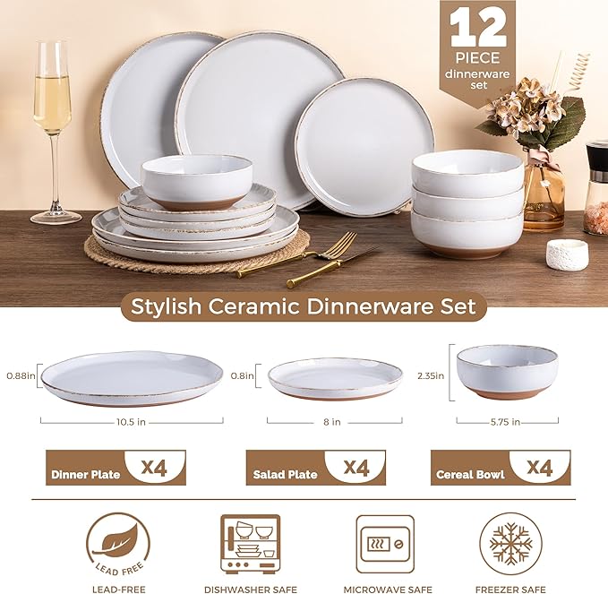 AmorArc Ceramic Dinnerware Sets for 4 12 Pieces Handpainted Plates and Bowls Set with Rustic Terracotta Underside Scratch Resistant Stoneware Dishes Set Dishwasher &amp Microwave Safe White