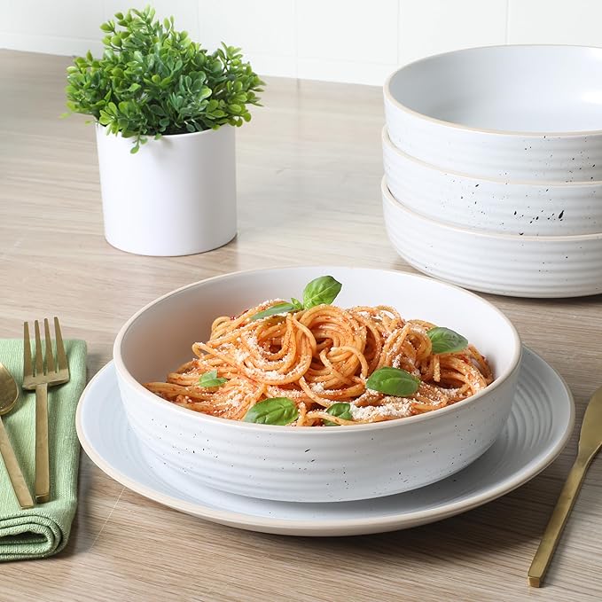Gibson Home Dinah 16-Piece Matte White Stoneware Dinnerware Set – Double Bowl Embossed Speckled Design Durable Kitchen Dinnerware