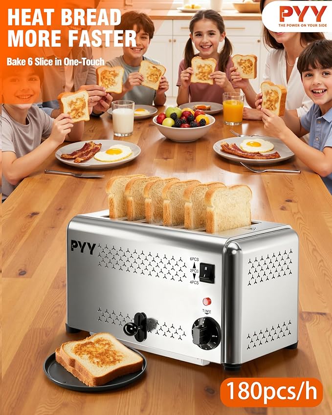PYY Toaster Pop Up Wide Slots 1.57 inch Stainless Steel 6-Level Setting with Removable Crumb Tray 225 Slices/Hour 1800W - Bread Bagels Breakfast Texas Toast Restaurant Commercial