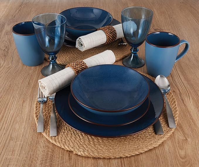 Pfaltzgraff Pierce Blue 16-Piece Dinnerware Set - Durable Stoneware Service for 4 with Unique Reactive Glaze - Includes Plates Bowls Mugs - Dishwasher Safe &amp Microwave Safe for Everyday Dining
