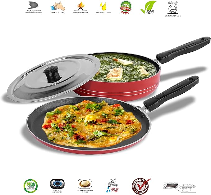 Sumeet 2.6mm Thick Non-Stick Red Chilli Cookware set (Dosa Tawa – 26.5cm Dia + Fry pan – 1.5Ltr Capacity – 21cm Dia)