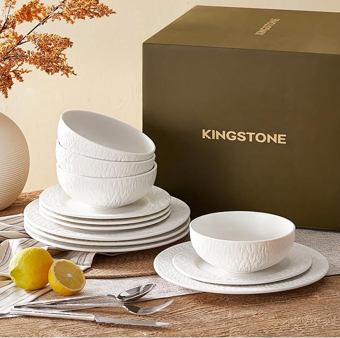 KINGSTONE Dinnerware Sets 12-Piece Matte Marble Pattern Premium Porcelain dishes set Plates and Bowls Sets for 4 Place Setting with Dinner Plate Salad Plate Pasta Bowl (White)