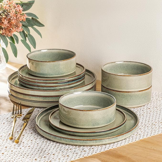 AmorArc Ceramic Dinnerware Sets Handmade Reactive Glaze Stoneware Plates and Bowls SetsHighly Chip and Crack Resistant | Dishwasher &amp Microwave Safe Dishes Set Service for 4 (12pc)