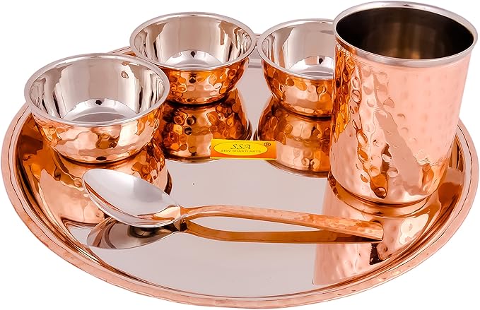 Shiv Shakti Arts® Stainless Steel Copper Dinner Thali Set 6 Pieces - Luxury Hammer Design Anarkali Dinner Set