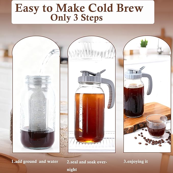 64 OZ Cold Brew Coffee Maker 2 Quart Mason Jar Glass Iced Tea Pitcher With Stainless Steel Filter Half Gallon Pitcher With Spout Lid For Iced CoffeeTea &amp LemonadeSun Tea Airtight &amp Leak-Proo