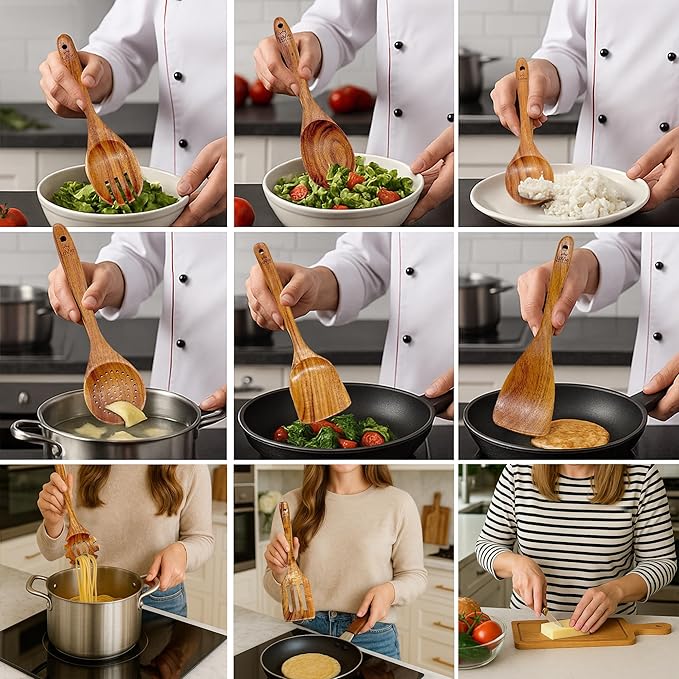 Teak Wooden Cooking Spoons Set -10-Piece Nonstick Cookware - Handmade Wooden Teak-Bamboo Charcuterie Board With Knife - Wooden Kitchen Utensils Ideal Gift Set For WeedingBirthday