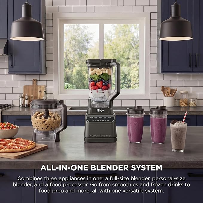 Ninja Kitchen System | All-in-One for Smoothies Frozen Drinks Veggie Chopper &amp More | With Full-Size Pitcher 8 Cup Food Processor Bowl (2) 18 oz. Cups | 1200 Watt | Dark Grey | BR601AMZ