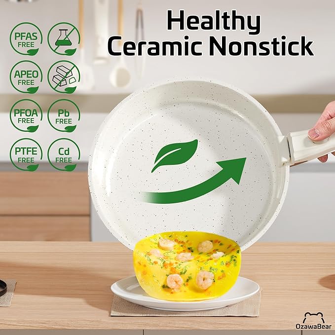 23 Pcs Pots and Pans Set Non Stick Ceramic Cookware Set Non Toxic with Detachable Handles Healthy Induction Cookware Oven Safe RV Kitchen Set PFAS PFOA &amp PTFE Free Cream White