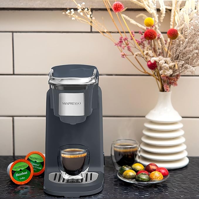 Mixpresso Single Cup Coffee Brewer - Quick Brew One Touch Function 12oz One Cup Grey Coffee Maker