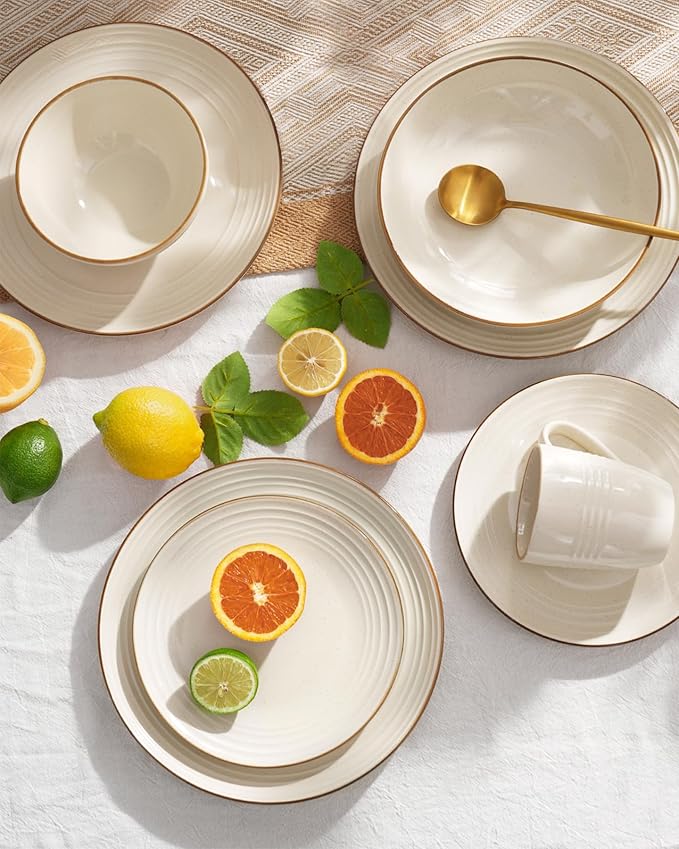Famiware Jupiter Stoneware Dinnerware Sets Handcrafted Plates and Bowls with Embossed Swirl &amp Speckles Vanilla White - Chip &amp Scratch Resistant Dishwasher &amp Microwave Safe Dishes for 4