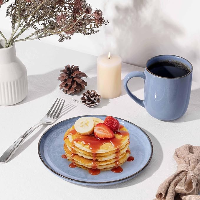 Herogo 6-Piece Stoneware Dinnerware Sets for 2 Stackable Dinner Plates and Bowls Sets Double Reactive Glaze Dishware Place Setting for Kitchen Scratch Resistant Microwave Safe Haze Blue