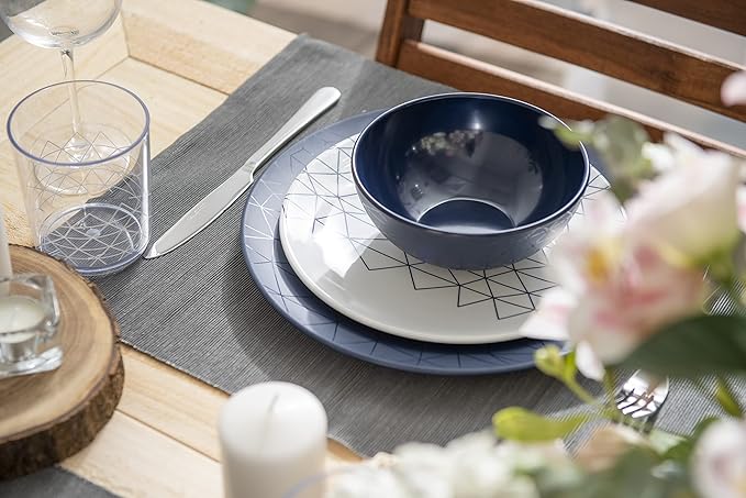 bzyoo 12 Piece Melamine Dinnerware Set - Durable Dishwasher Safe Plates and Bowls - Dinning Parties Camping Dish Set Spidy Blue Collection