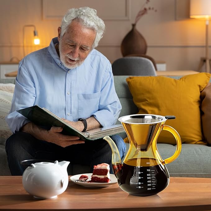 Unbreakable - Pour Over Coffee Maker with Double Stainless Filter 27 fl oz Thickened Heat-Resistant Borosilicate Glass Pour Over Coffee Dripper Stovetop Safe