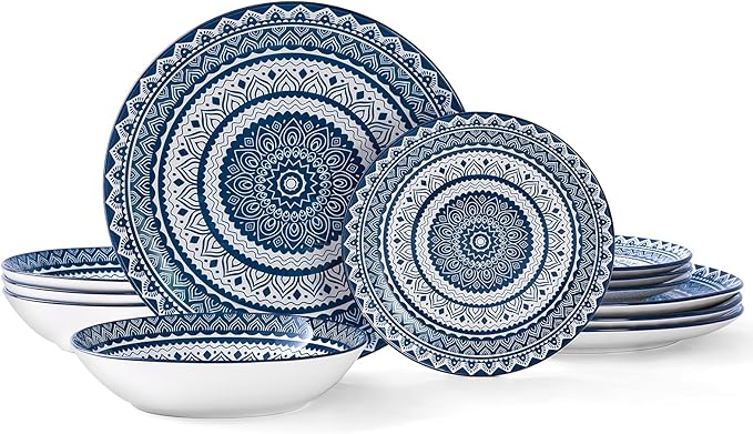 Bestone Ceramic 12-Pieces Dinnerware Sets Ceramic Dish Plates and Bowls Sets Dishes Set for 4 Dinner Salad Dessert Plates and Cereal Bowls Set GiftVintage Blue