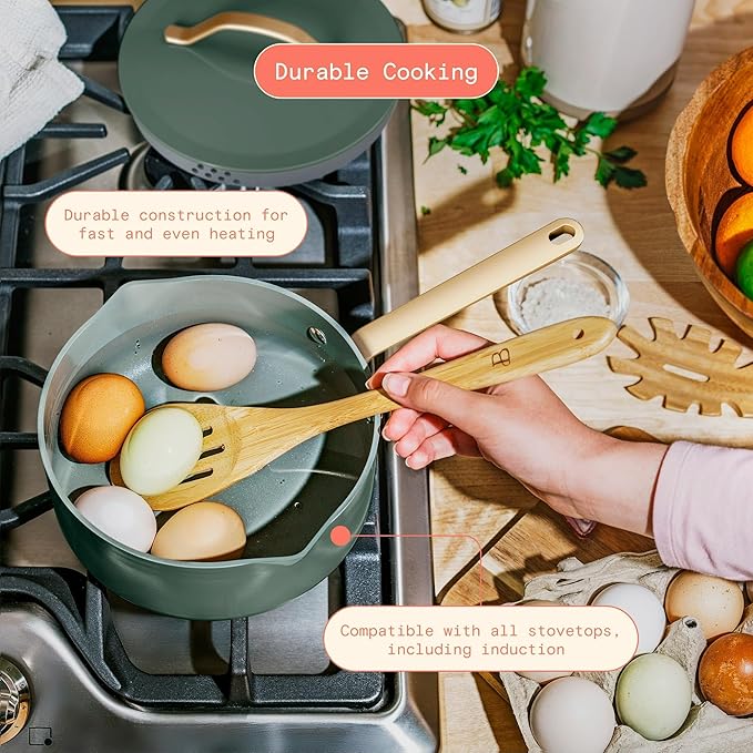 12-Piece Ceramic Non-Stick Cookware Set | Pots &amp Pans with Lids | PFOA-Free Ceramic Coating | Induction Compatible &amp Oven Safe | Gold Handles | Includes Protectors