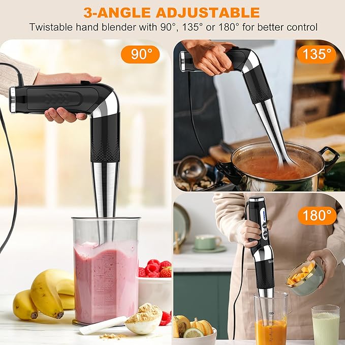 Immersion Hand Blender: 3-Angle Adjustable with Variable 21-Speed Control Powerful Hand Blender Electric for Milkshakes | Smoothies | Soup| Puree | Baby Food (Black)