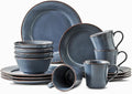 HVH Plates and Bowls Sets 16 Pieces Stoneware Dinnerware Sets Kitchen Dishes Set for 4 Dinner Dessert Plates Cereal Bowls and mugs for Party and Dinner Cross Pattern Farmhouse Style (Dark Blue)