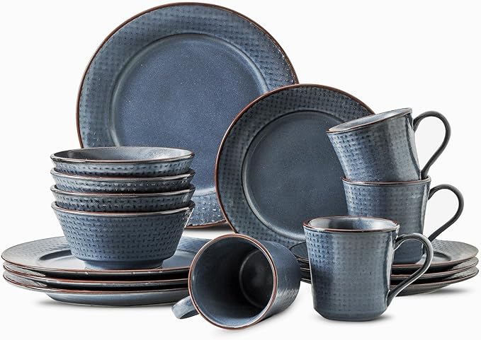 HVH Plates and Bowls Sets 16 Pieces Stoneware Dinnerware Sets Kitchen Dishes Set for 4 Dinner Dessert Plates Cereal Bowls and mugs for Party and Dinner Cross Pattern Farmhouse Style (Dark Blue)