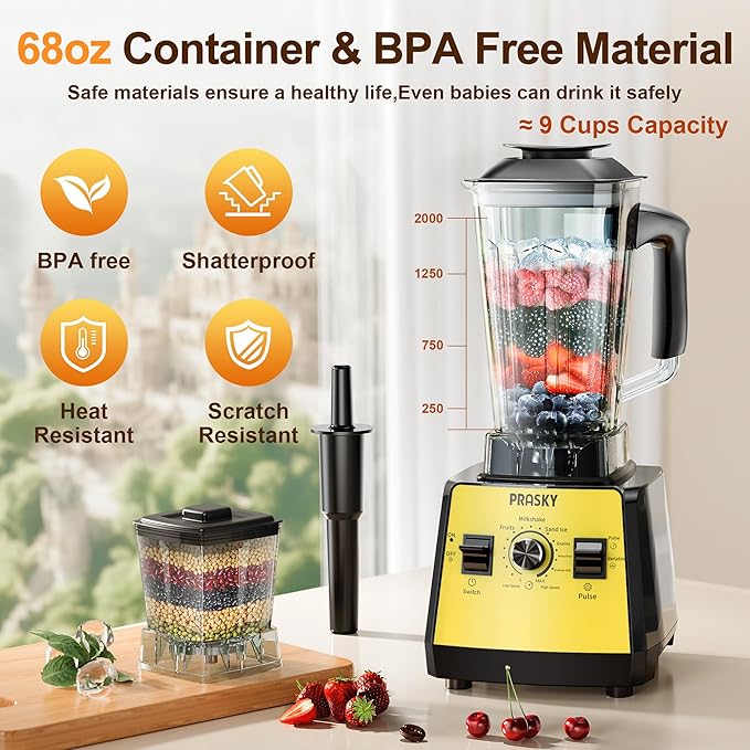Blenders for Kitchen Smoothie Blender 2400W/1000W Prasky Blender &amp Grinder Combo 25000 RPM High Speed 68oz BPA-Free Food Processor Countertop Blender for Smoothies Shakes &amp Food (Yellow