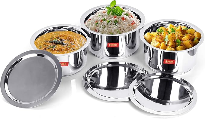 Sumeet Stainless Steel Tope Set 3.5 4 5 Liter 3 Piece (Steel Mirror Finish)
