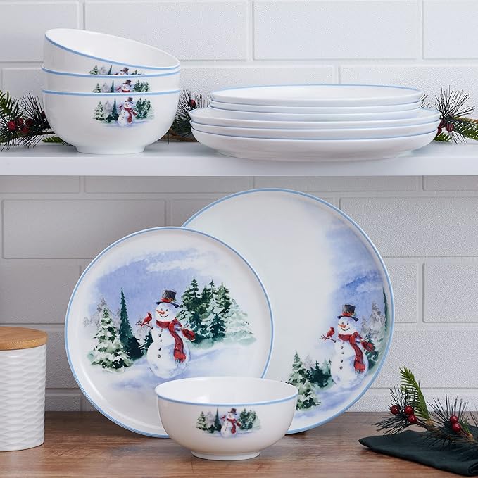 Mikasa Snowman Forest Chip Resistant 12 Piece Dinnerware Set Service for 4