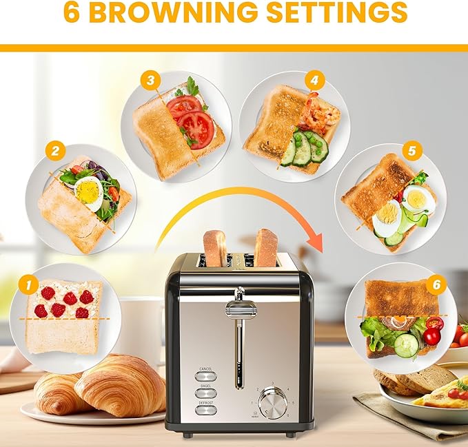 Simple Deluxe 2-Slice Toaster 6 Browning Setting and 3 Function Stainless Steel Toaster Extra Wide Slot &amp Removable Crumb Tray for Bread &amp Waffle Black