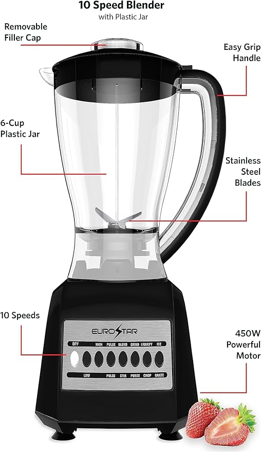 EUROSTAR EBL820BK 450W 10-Speed Plastic Jar Blender Black