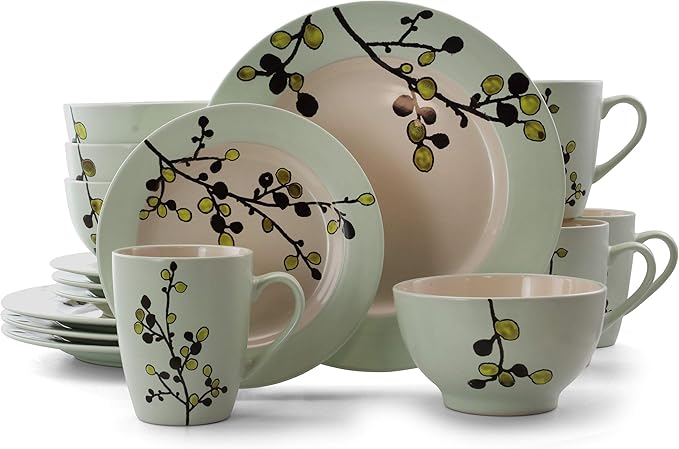Elama RETROBLOOM Retro Bloom 16 Piece Luxurious Stoneware Dinnerware with Complete Setting for 4 16pc Green