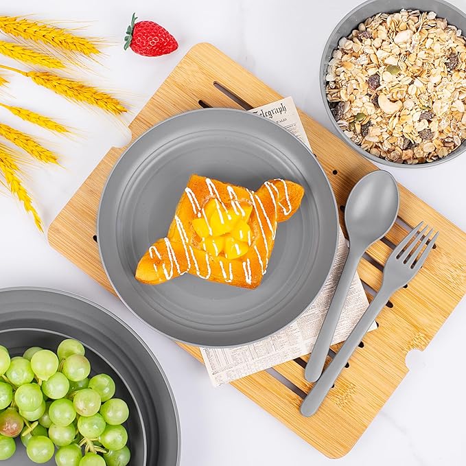 EI 42pcs Wheat Straw Dinnerware SetReusable Plastic Plates UnbreakableBig Bowl and Plate for KitchenPlates and Bowls Sets for College Dorm RoomCampingPicninc