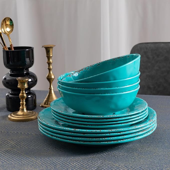 Farmhouse Melamine Plates and Bowls Set Set of 4 BPA Free 100% Melamine 12 Piece Vintage Dishes Dinnerware SetsDishwasher Safe Teal