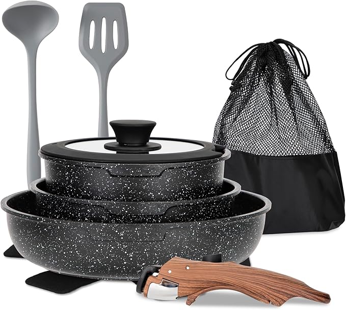 MAISON ARTS Detachable Handle Pots and Pans Set 10 Piece Nonstick Black Granite Cooking Pot Stackable Induction Cookware Sets Ideal for Camping and RVs