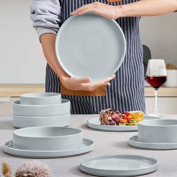 Herogo Stoneware Dinnerware Set with Salad Bowls 24 Piece Kitchen Dinner Dish Set for 6 Plates and Cereal Pasta Bowls Chip &amp Scratch Resistant Dishware Speckled Light Gray