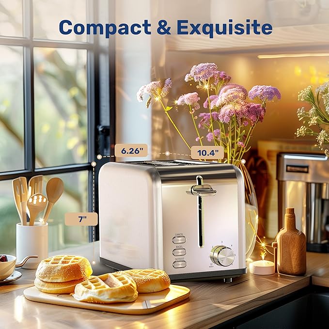 YSSOA Stainless Steel Toaster 2 Slice with Extra Wide Slot &amp Removable Crumb Tray 6 Shade Settings and Bagel/Defrost/Cancel Functions Compact Oven for Various Bread &amp Waffle Silver New