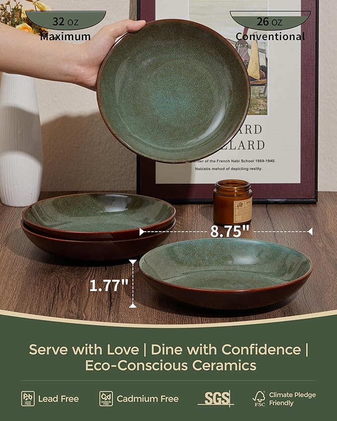 24 Pieces Dinnerware Sets with Pasta Bowls Brown Green