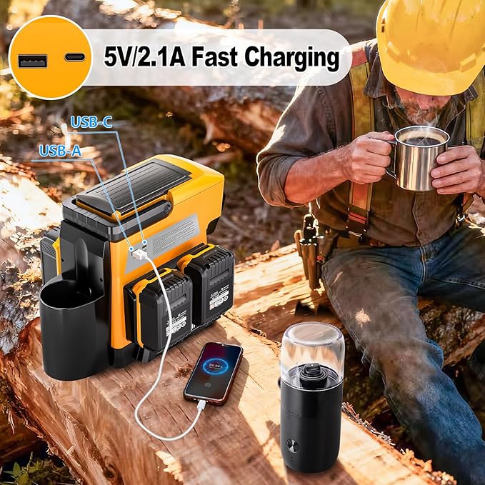 Taingwei Cordless Coffee Maker for Dewalt 20V Battery Portable Drip Coffee Maker with Electric Coffee Grinder for RV Camping Travel Car Hiking (Battery Not Included)