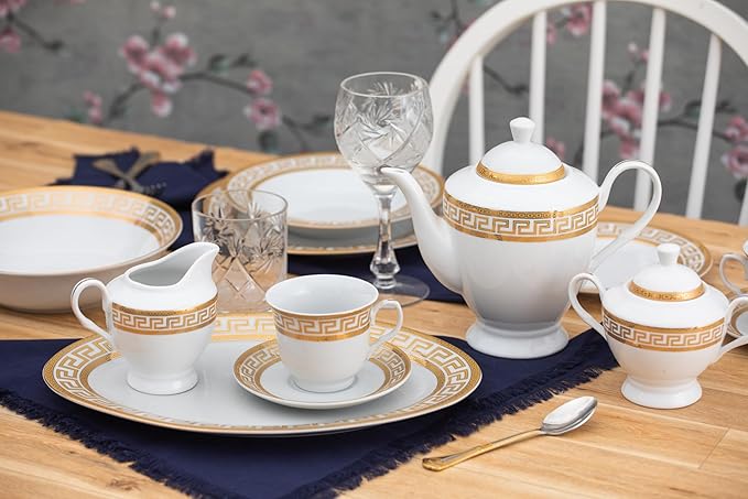 Porcelain Dinnerware Set for 8 - Luxurious 49 Piece Dish Set - White and Gold Greek Key Design - Dinner Plates Bowls Cups and Saucers for Everyday Dishes or Formal Occasions (Meander Gold 2049)