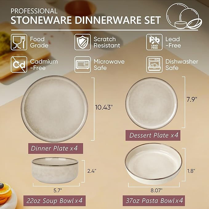Herogo Dinnerware Sets with Pasta Bowls 16 Piece Plates and Bowls Set for 4 Modern Stoneware Dinner Dishes for Kitchen Dinning Dishwasher &amp Microwave Safe Cream Khaki